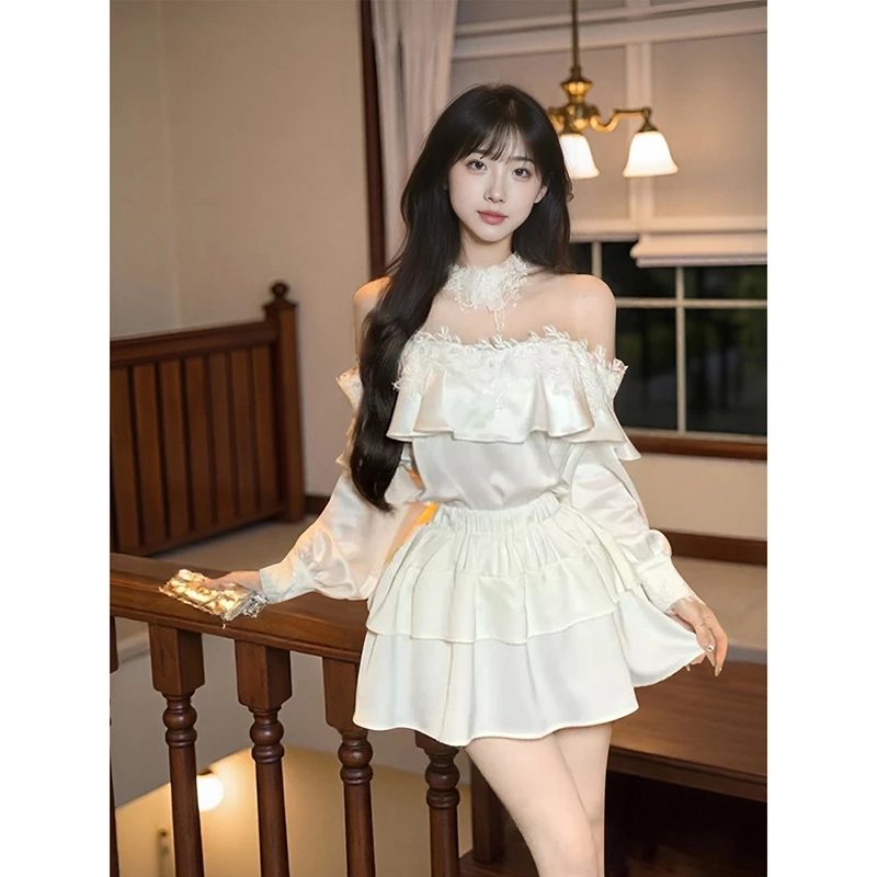月光絮语 夏季新款法式白月光氛围感上衣气质蛋糕短裙显瘦两件套