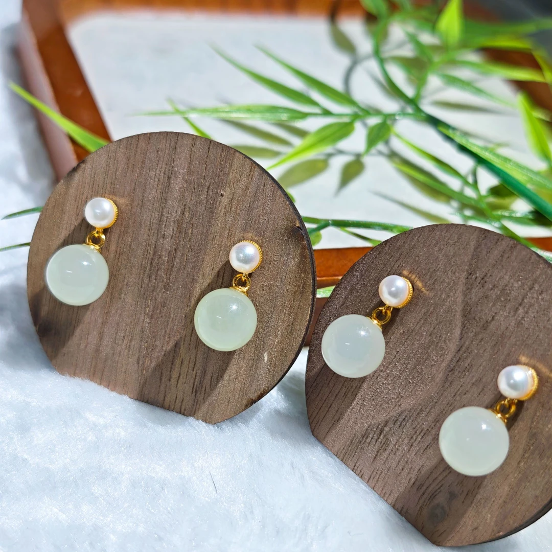 和田玉 S925优雅冰润圆珠耳钉 多样性发货 拍一发一 H831