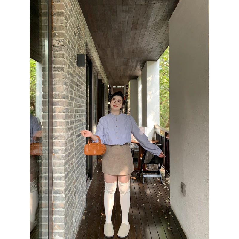 巨鹿工作室微胖定制简约实穿卡其色高腰显瘦毛呢A字半身裙