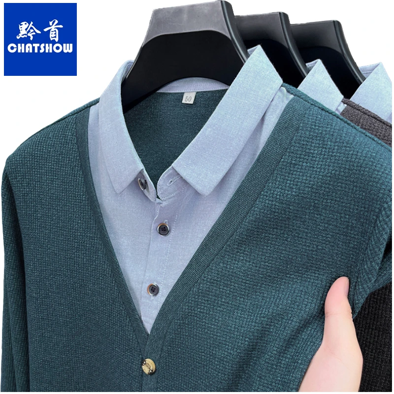 秋冬衬衫领假两件时尚男士针织毛衣新款商务休闲百搭套头打底衫男