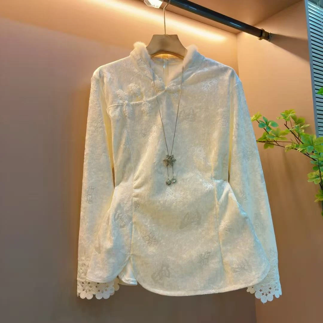 新款新中式时尚复古拼接收腰显瘦遮肉高级百搭上衣（衣长64左右）