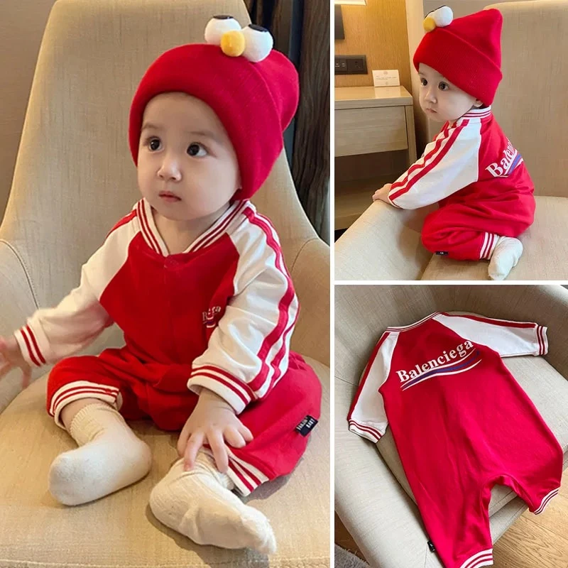 新款婴儿连体衣春秋薄款男女宝宝爬服长袖新生儿衣服喜庆红色