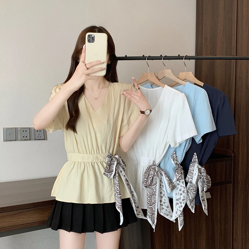 2025夏装新款胖mm大码女优雅休闲v领正肩丝带小衫上衣