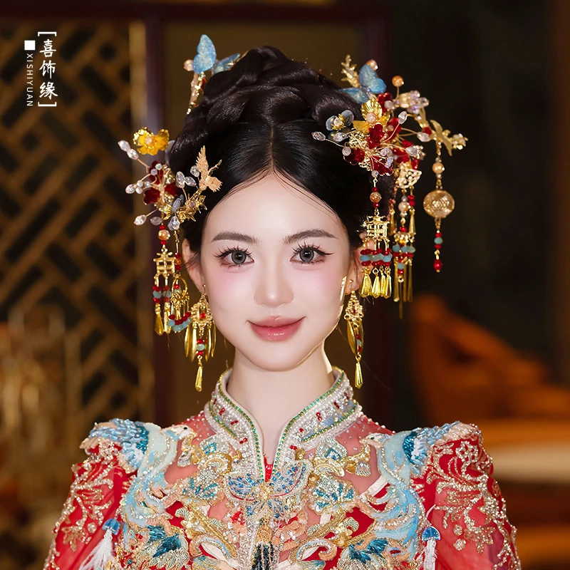 中式新娘秀禾头饰复古红蓝色蝴蝶花朵发簪龙凤褂汉服发饰20250130