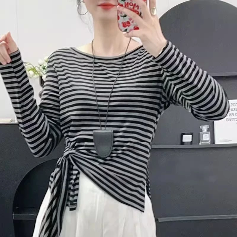 不规则绑带长袖T恤女2025秋季新款韩版时尚洋气百搭打底衫上衣潮
