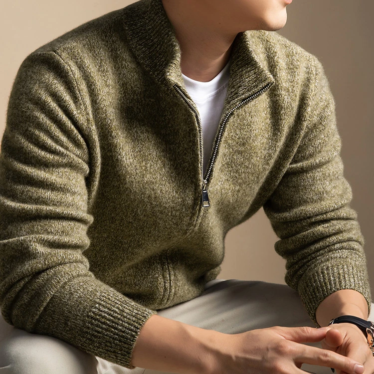 纯羊毛拉链开衫加厚均重500g双色花纱男士针织衫羊毛外套