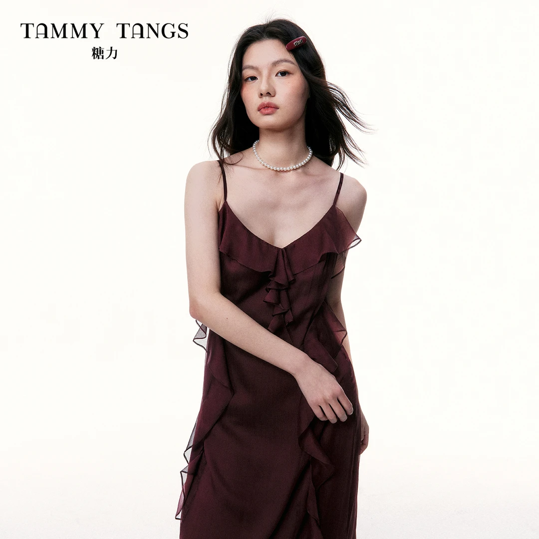 【商场同款】糖力2025夏季新款轻薄荷叶边雪纺吊带连衣裙女中长款