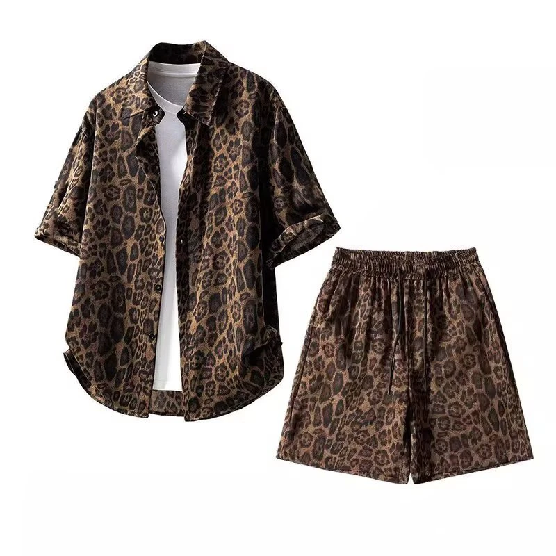 美式复古豹纹套装男2025夏季潮牌宽松休闲短袖衬衫五分短裤两件套