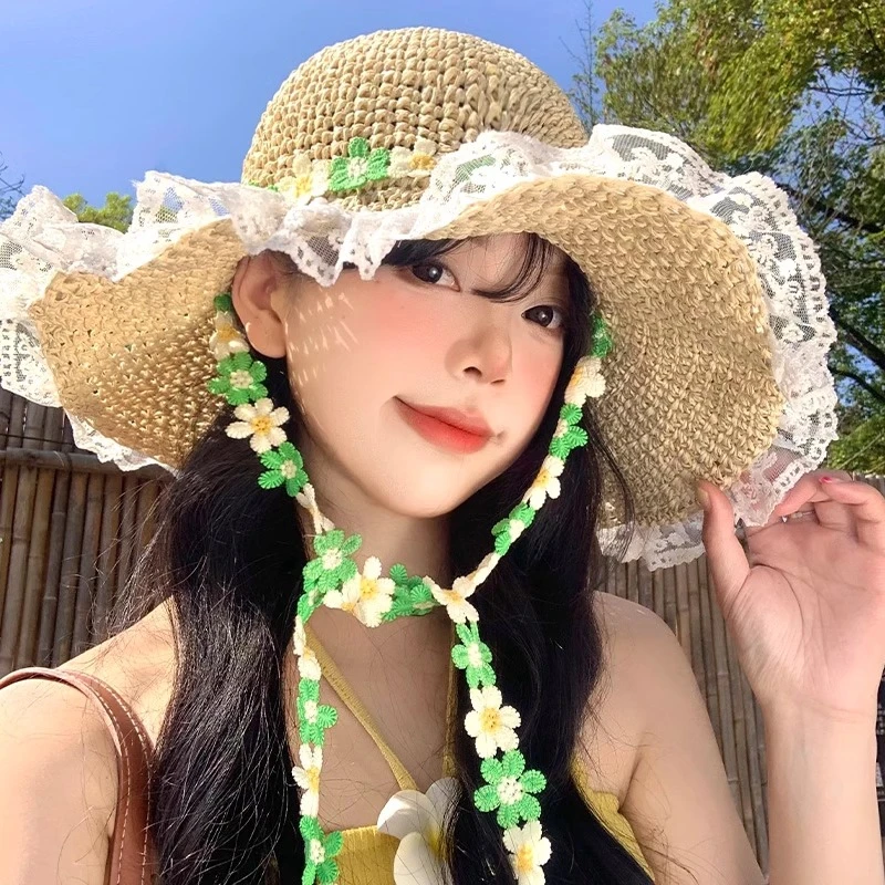 蕾丝边花朵系带草帽女夏季海边沙滩度假大帽檐太阳帽子遮阳防晒帽
