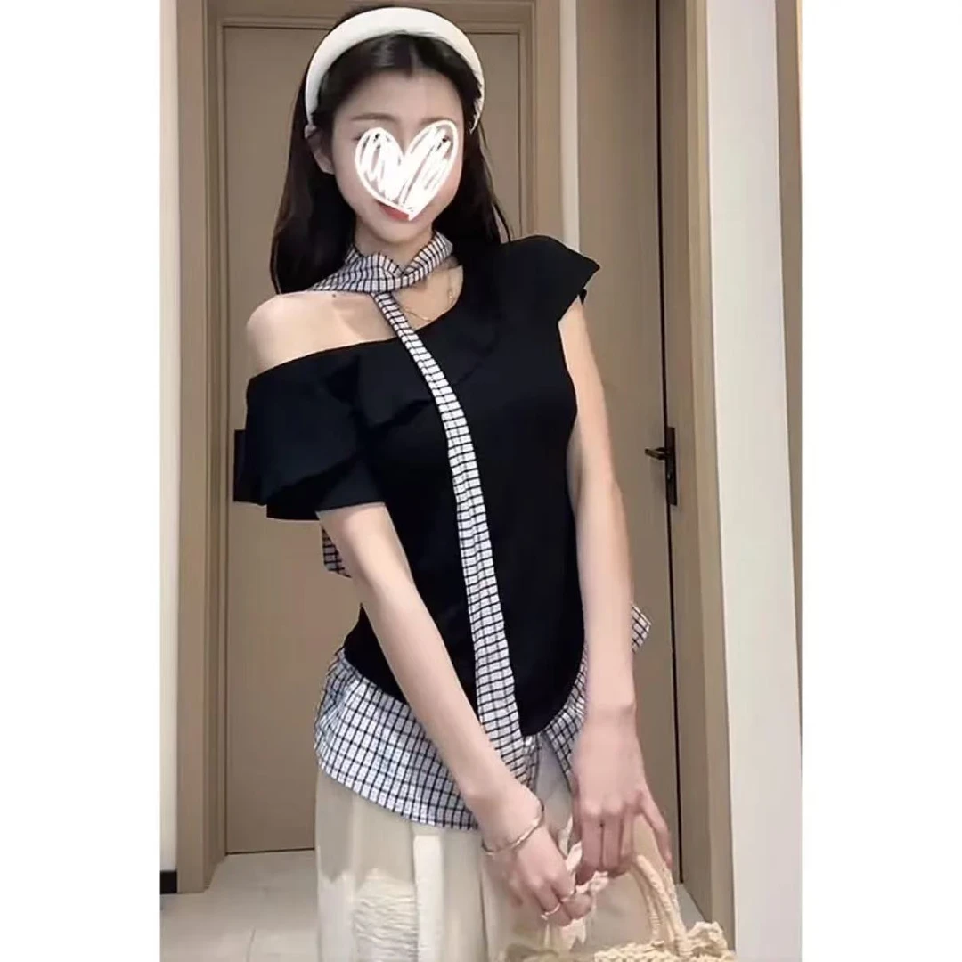 复古风休闲设计感格子拼接假两件短袖一字肩2025夏季修身系带上衣