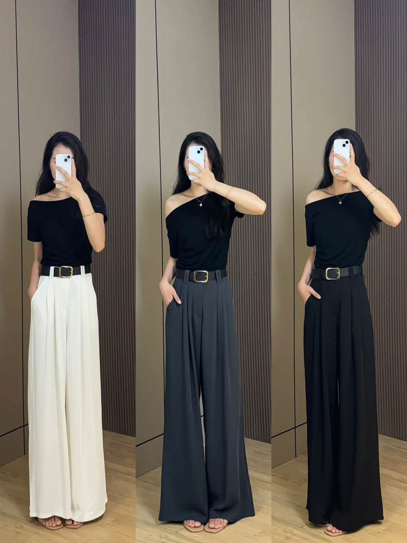 【赠腰带】夏款冰凉丝高腰垂感拖地阔腿裤高级显瘦西装裤女简约2025