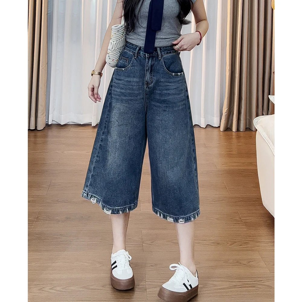 187阔腿牛仔裤女2025新款夏季薄款高腰显宽松小个子七分直筒裤