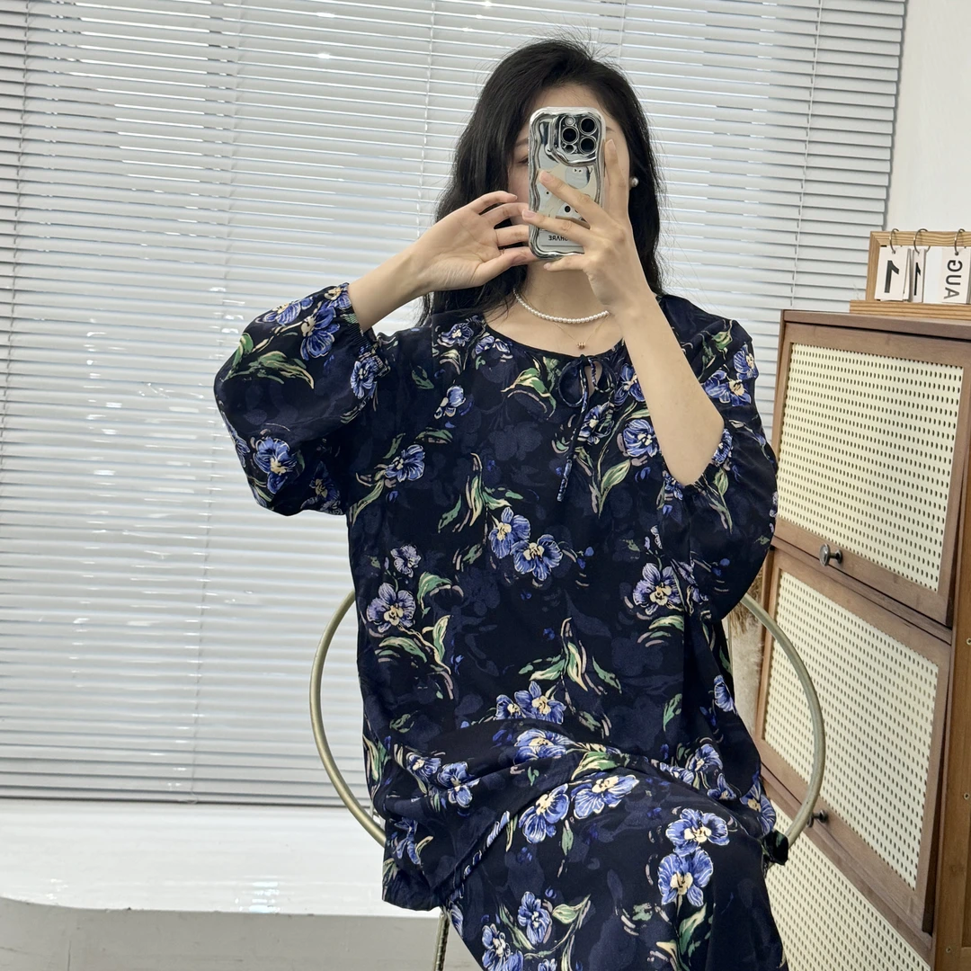 100棉绸夏季棉绸睡衣套装七分袖薄款防蚊防晒显瘦家居服
