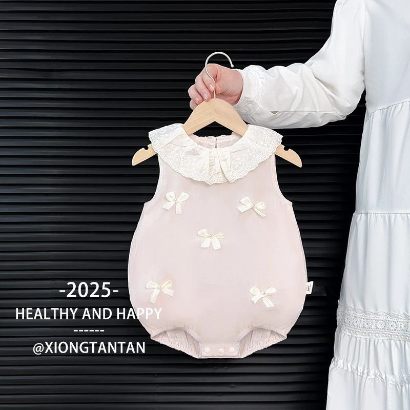 2025夏季新款女宝宝花边领薄款女童无袖蝴蝶结包屁衣公主风包屁