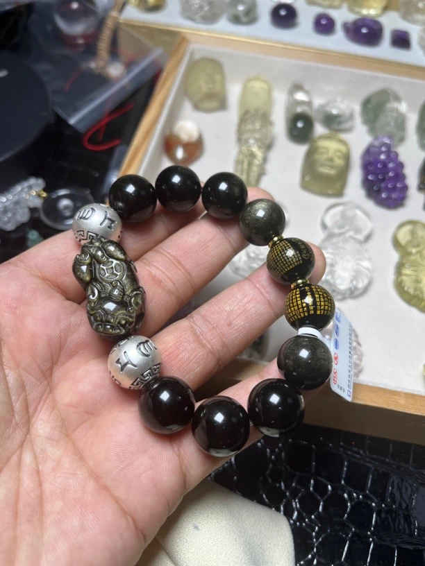 金曜石貔貅手链银饰六字真言设计款