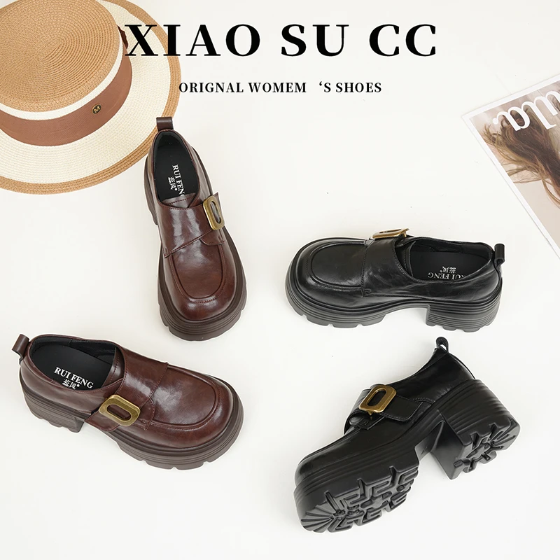 蕊风时尚厚底乐福鞋女2024秋季新款圆头粗跟小皮鞋魔术贴高跟单鞋