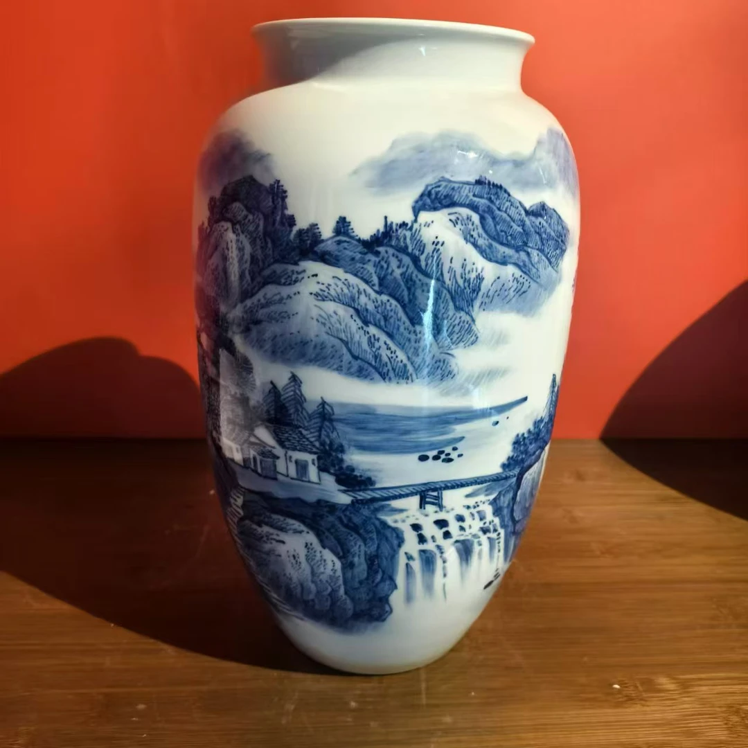 53 景德镇陶瓷花瓶手工手绘青花山水冬瓜瓶