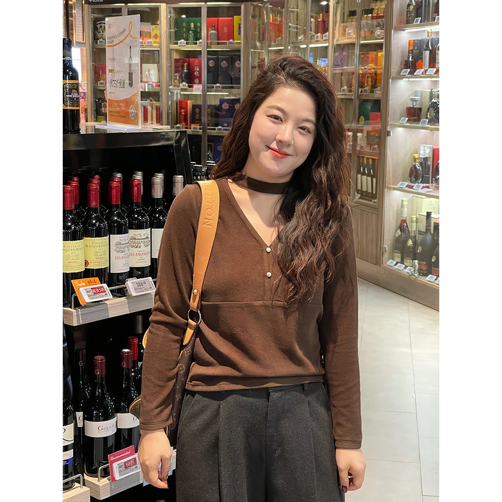 WenWen小个子秋冬新款小众挂脖设计感V领针织长袖打底上衣4590