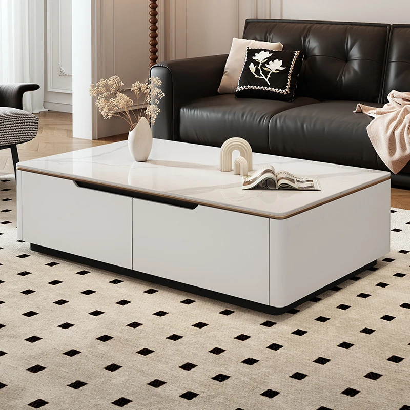 轻奢实木岩板茶几白色长方形现代简约客厅家用高级感北欧小户型