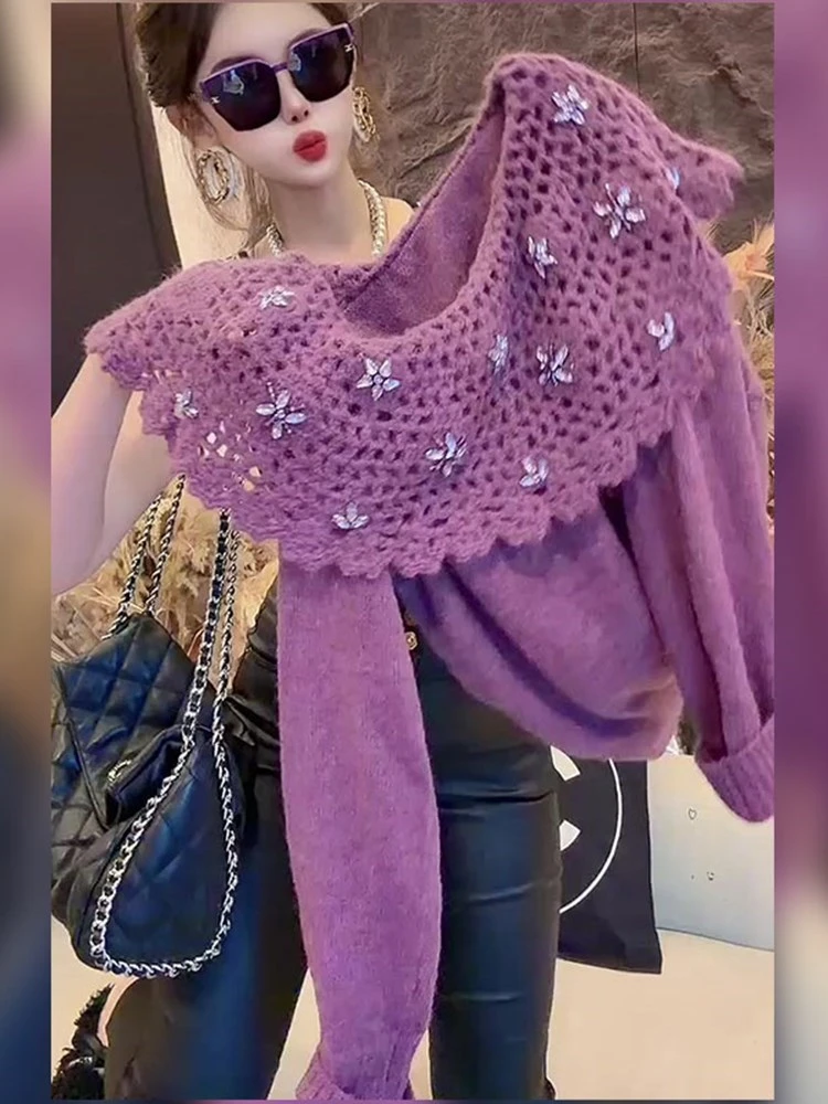 韩系减龄潮流紫色针织衫女2025年秋季新款高端超好看休闲时尚上衣