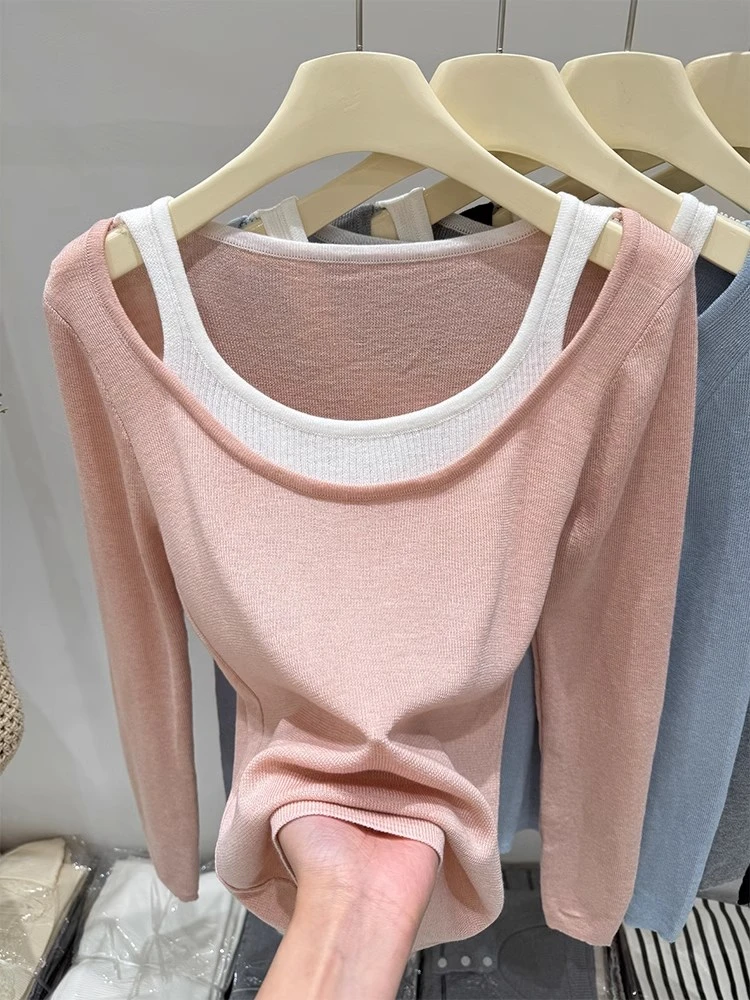 设计感2025春季新款拼色假两件针织衫女软糯薄毛衣内搭减龄打底衫