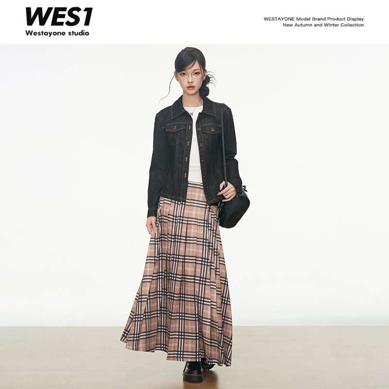 7.20 新品  WESTAYONE 修身牛仔外套女新款韩系通勤+格纹百褶长裙