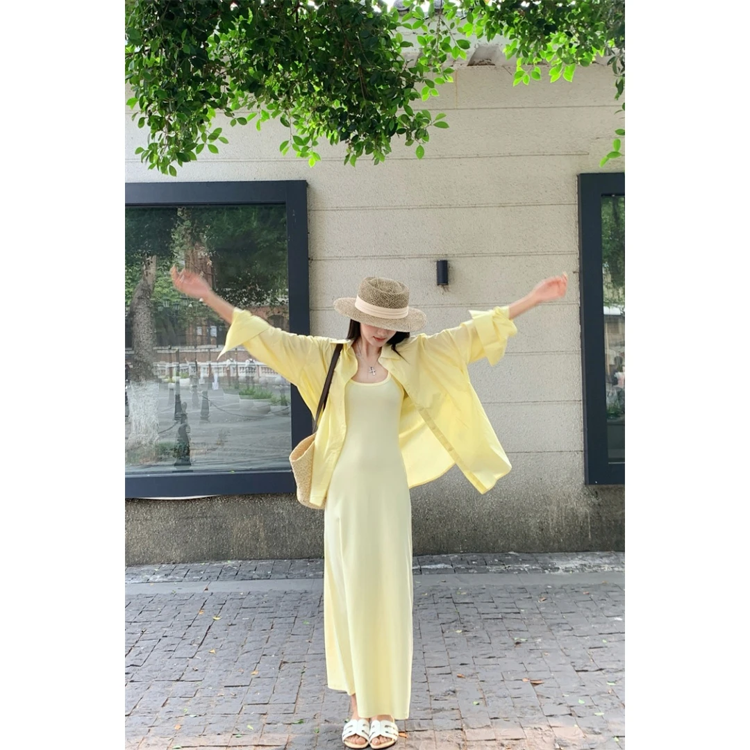 Polo领长袖衬衫外套女+吊带连衣裙鱼尾长裙两件套 80563