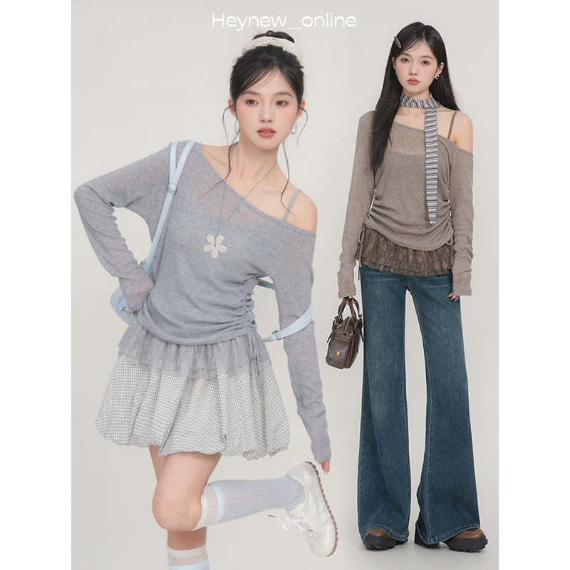 【黑妞】韩系慵懒斜肩长袖t恤拼接蕾丝吊带两件套上衣5C688