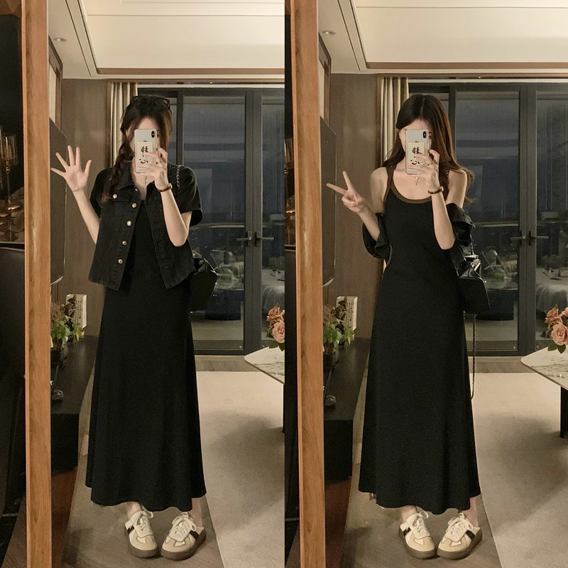 【小曹大码】韩版百搭风撞色减龄针织连衣裙+牛仔外套两件套-DJ9876