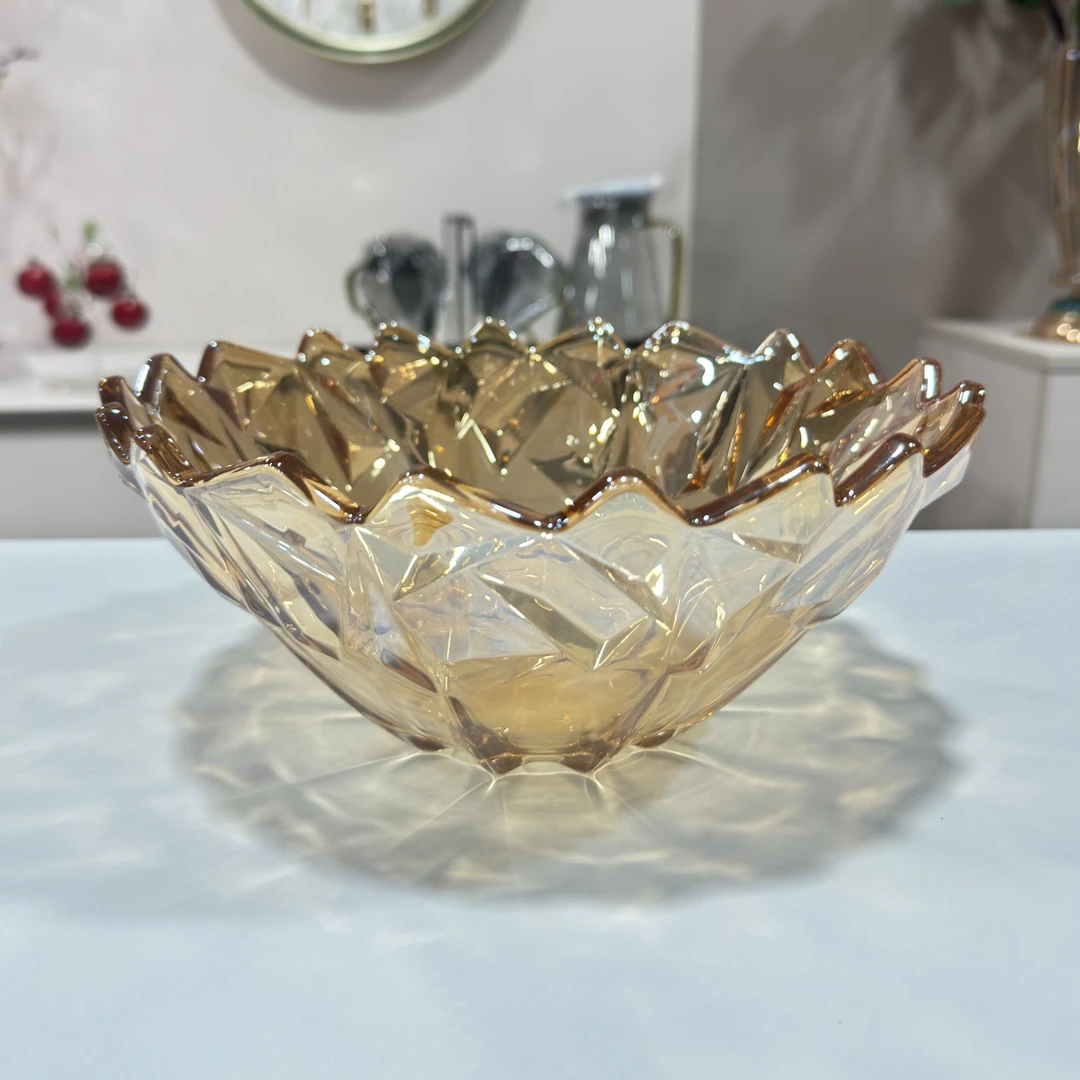 简约水晶玻璃水果盘轻奢客厅茶几干果盘冰钻家用大号金色沙拉碗