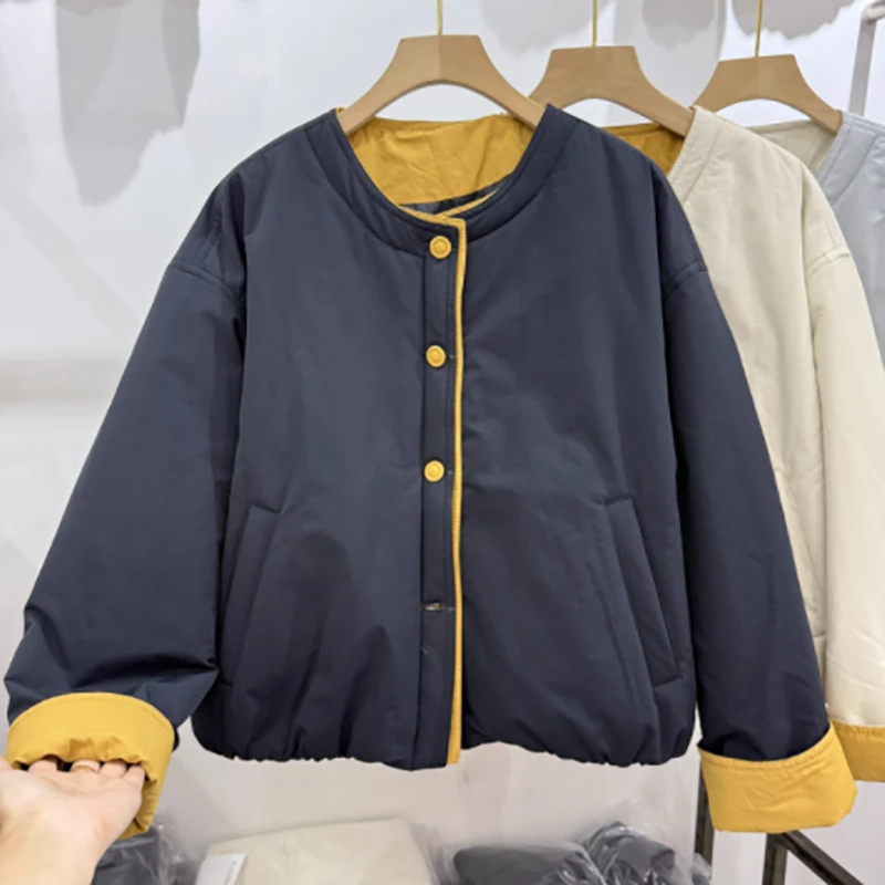 2025秋冬新款韩系拼接撞色圆领棉服女短款宽松保暖小个子夹棉外套