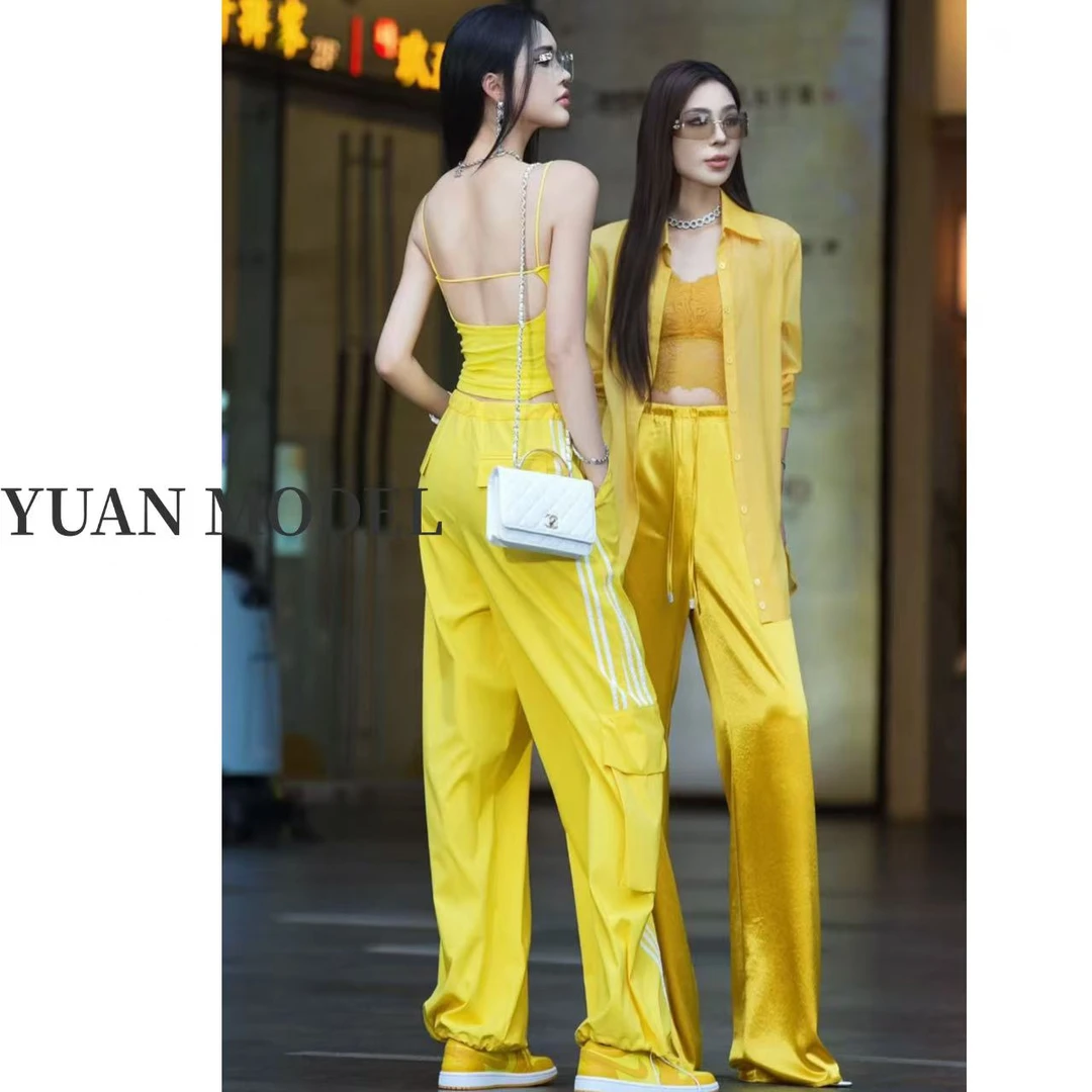 【YUAN MODEL】媛老板-黄色高街条纹立体松紧腰休闲裤长裤  060219