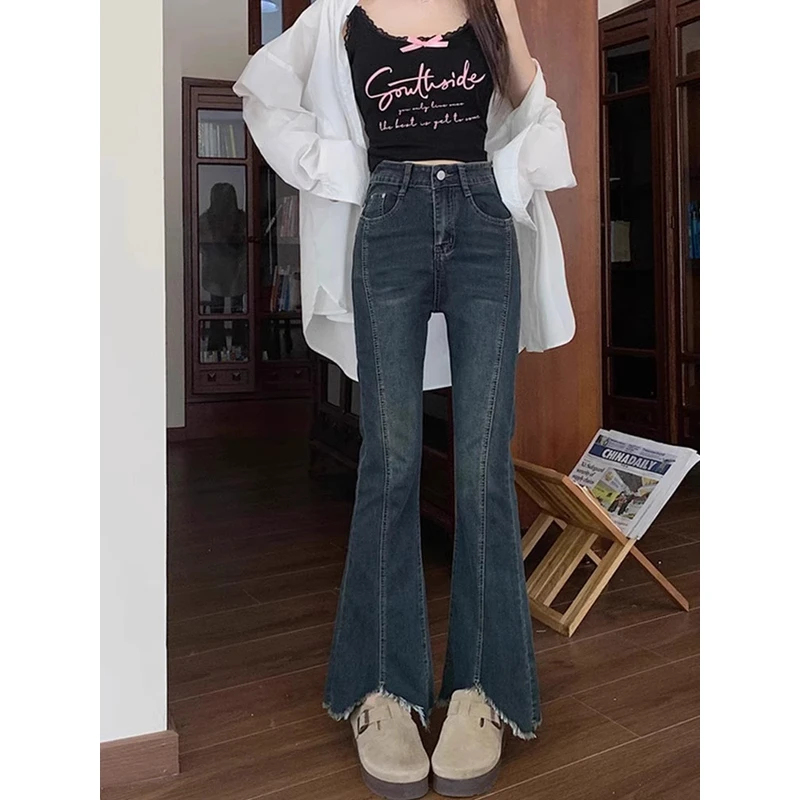 窄版微喇牛仔裤女2024秋季新款毛边设计感胖mm高腰显瘦遮胯喇叭裤