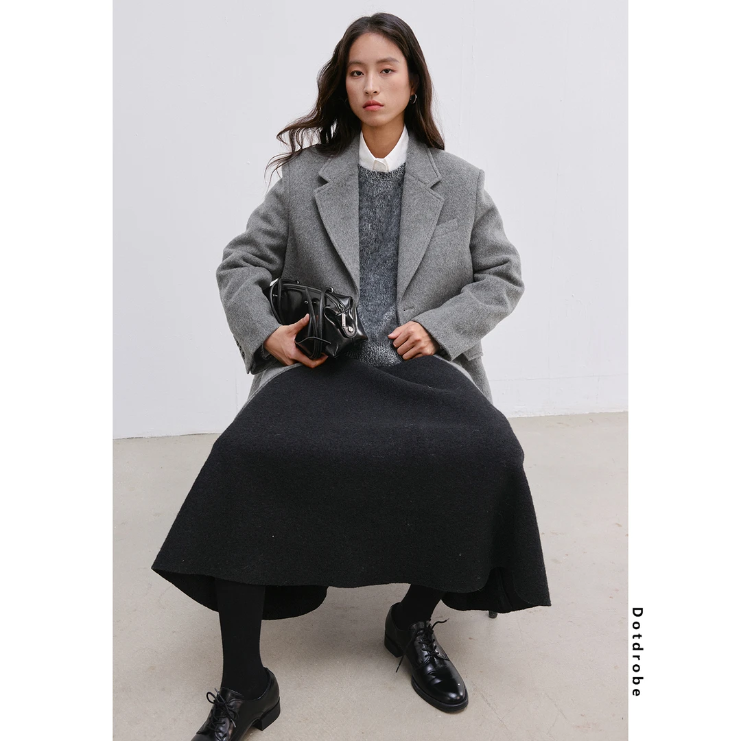 DotDrobe/多着骆驼绒+羊毛 单排扣极简西装女大衣外套通勤秋冬