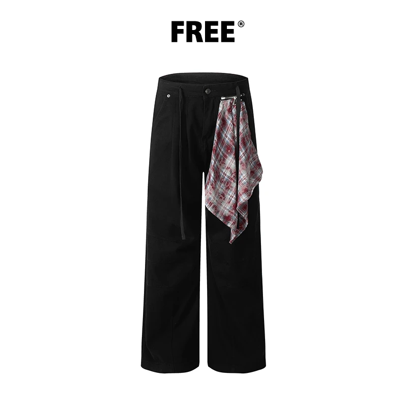 Free Center美式复古格子挂饰牛仔裤夏季男女宽松阔腿弯刀裤子潮