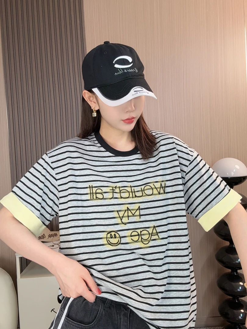 王哈哈女装-【条纹笑脸】夏季新款慵懒风短袖宽松条纹T恤