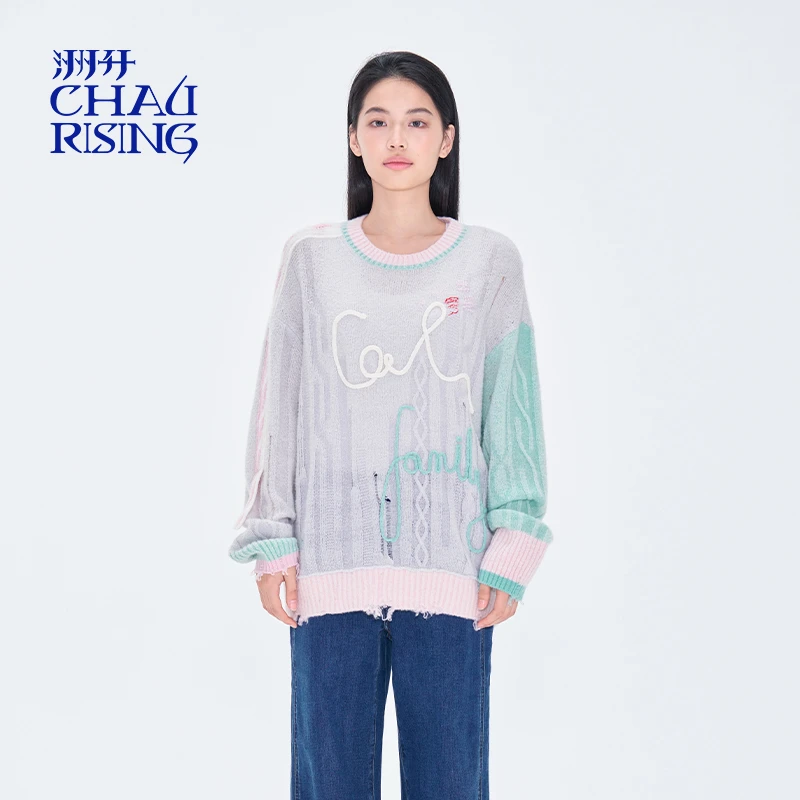 洲升/CHAURISING圈圈羊绒撞色绣花罩衫女士针织长袖春季休闲百搭
