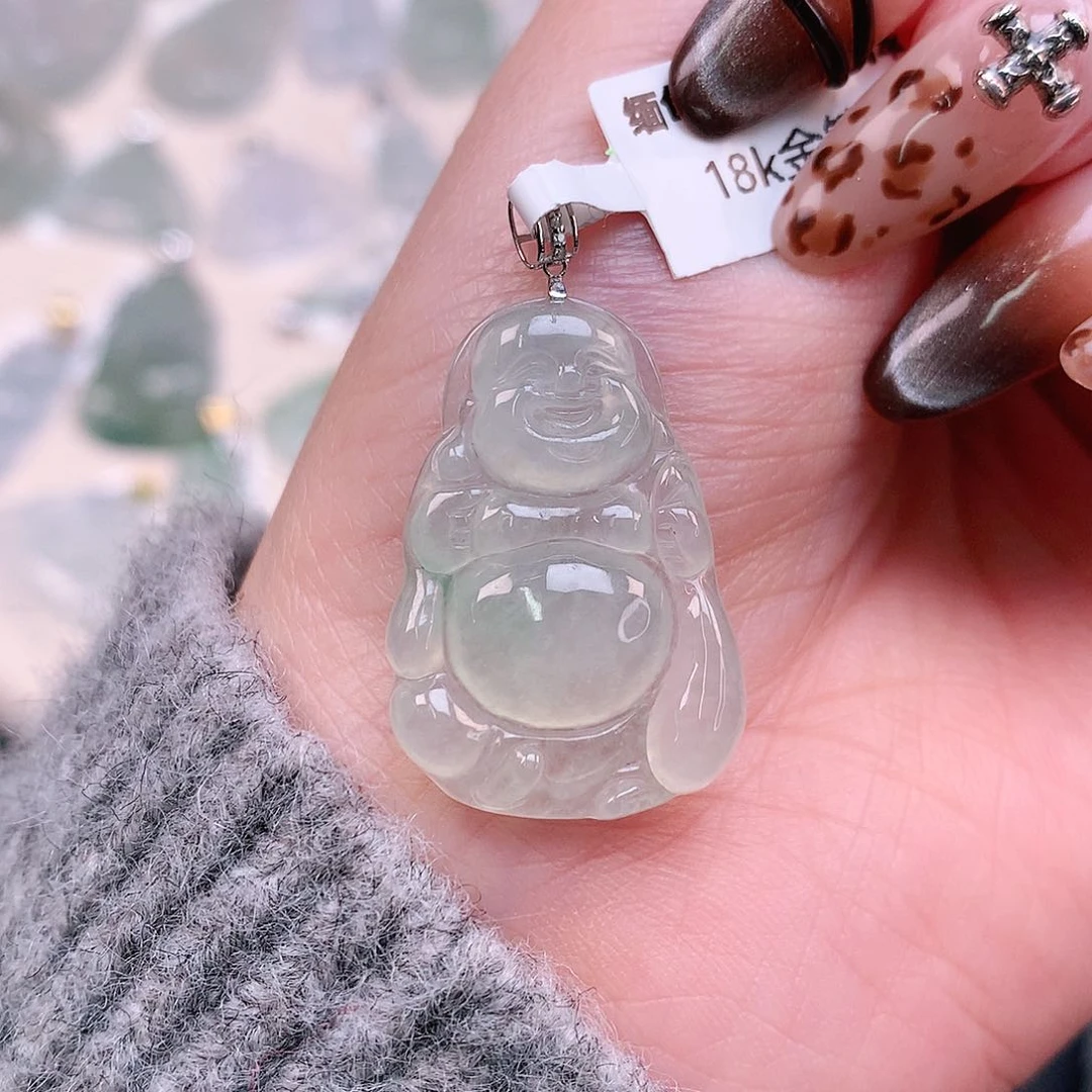 翡翠颈饰18K金镶嵌飘绿布袋佛33.7、28、19、5.2