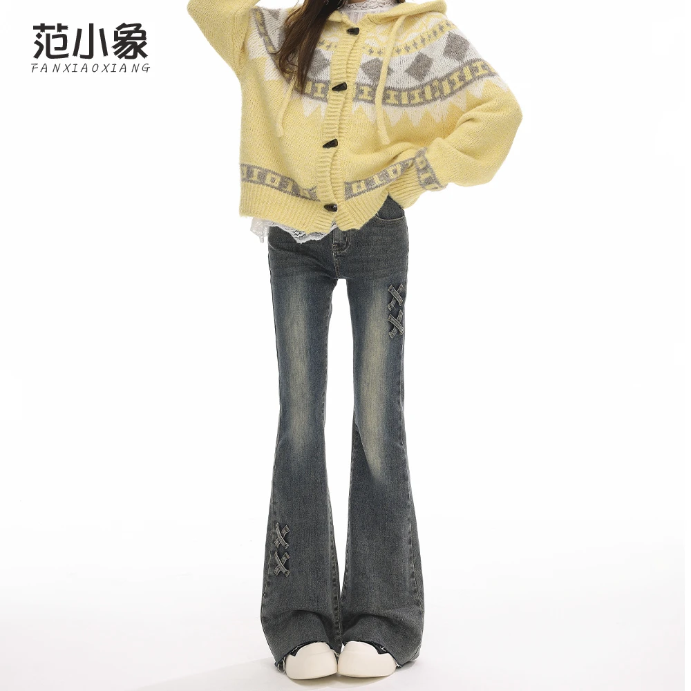 高腰毛边微喇牛仔裤女爆款2025新款复古显瘦设计感弹力马蹄喇叭裤