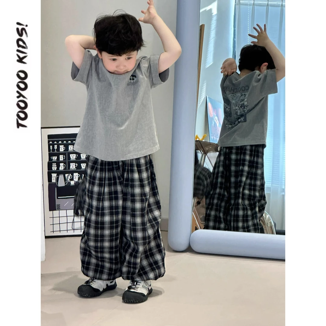 男童夏装套装2025新款灰色印花短袖T恤格子长裤时尚百搭潮酷炸街
