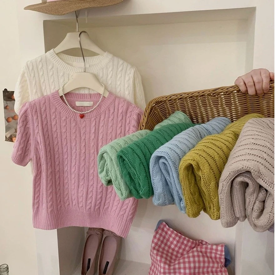 糖果粉短袖小麻花针织衫女春夏复古圆领套头内搭外穿小衫洋气上衣