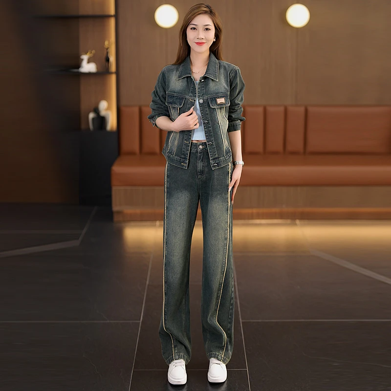 拉夏贝尔牛仔时尚套装2025秋新款显瘦短外套阔腿裤休闲网红两件套