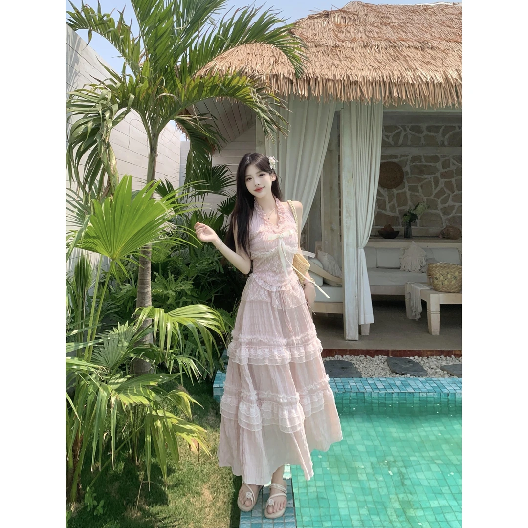 大码胖mm温柔风法式挂脖上衣仙气半身长裙两件套洋气甜辣套装女夏
