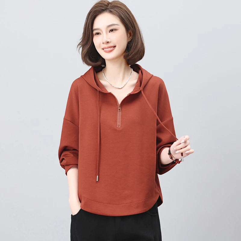 半拉链连帽套头卫衣女春秋2025新款妈妈高端宽松显瘦短款外套上衣
