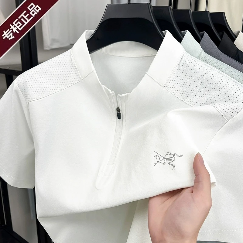正品始祖刺绣鸟速干半拉链短袖t恤夏季新款休闲户外防晒运动男装