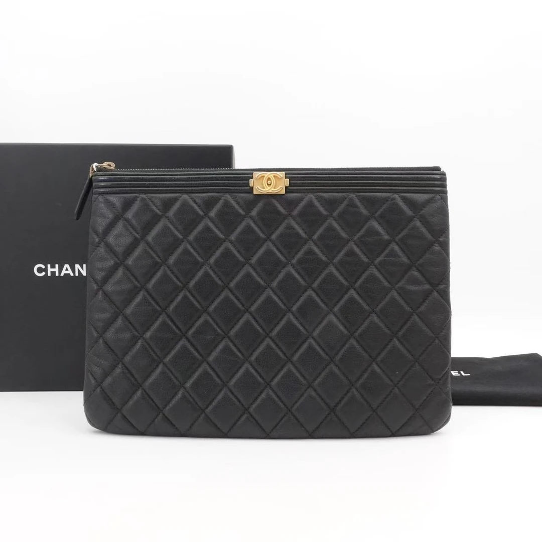 95新 Chanel/香奈儿 leboy手拿包中号黑色金/32511920