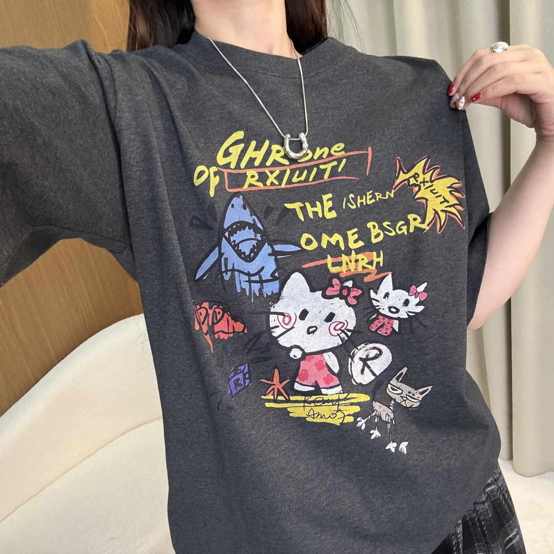 2025早春新品潮牌卡通小猫纯棉圆领短袖T恤印花宽松百搭休闲时尚