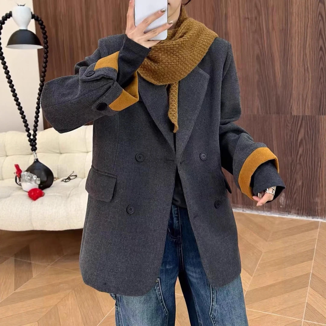 秋冬新款女时尚百搭单排扣拼接呢子西装外套大码休闲宽松西服上衣