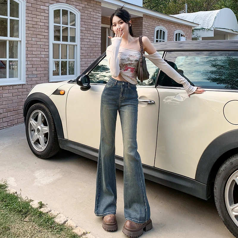 黑色时尚微喇牛仔裤女2025爆款不贴腿高腰显瘦窄版阔腿宽松拖地裤