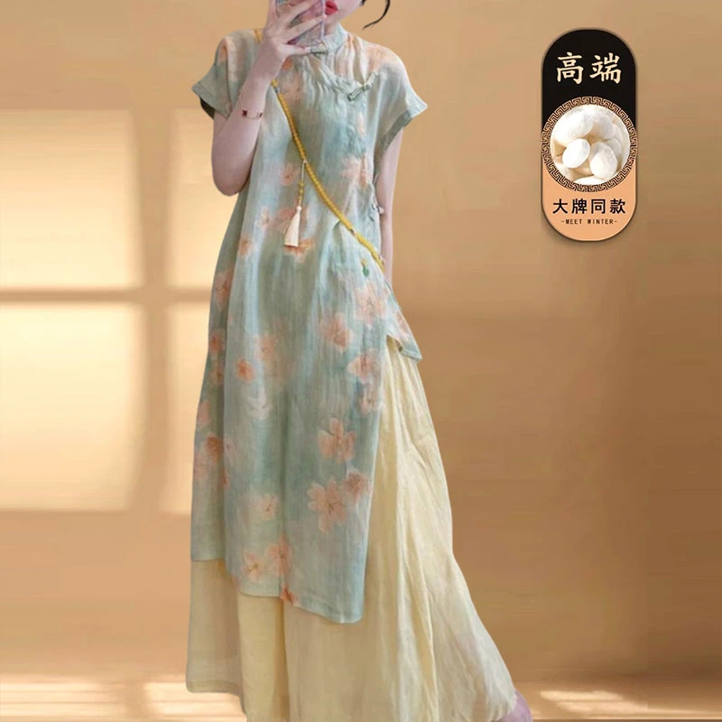 2025夏季新款印花盘扣斜门襟中长款亚麻连衣裙文艺茶服侧开叉袍子